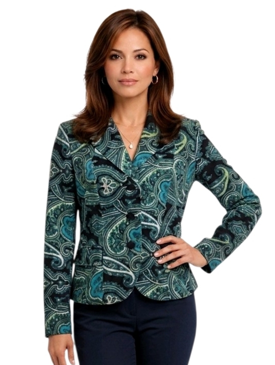 Talbots Jackets & Blazers - Talbots Teal Paisley Patterned Velvet Stretch Buttoned Blazer Size 4